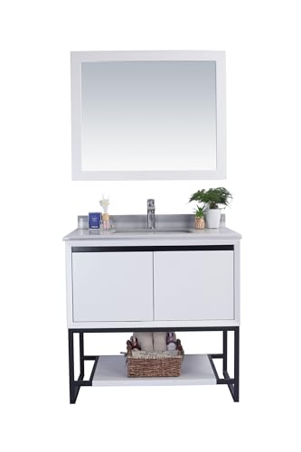 Oakestry Alto 36 Inch White Bathroom Vanity White Stripes Marble Countertop Modern Single Sink Freestanding Storage Soft Close Doors Washroom Cabinet