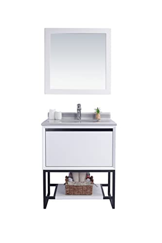 Oakestry Alto 30 Inch White Bathroom Vanity White Stripes Marble Countertop Modern Single Sink Freestanding Storage Soft Close Doors Washroom Cabinet