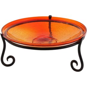 14" Red Crackle Glass Birdbath with Over Rail Bracket – Hand-Blown Glass Bowl, Balcony & Porch Friendly, Weather-Resistant Wrought Iron