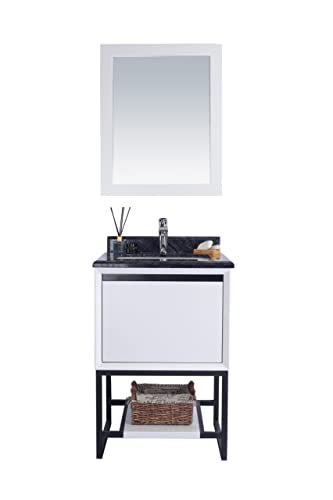 Oakestry Alto 24 Inch White Bathroom Vanity Black Marble Countertop Modern Single Sink Freestanding Storage Soft Close Doors Compact Small Space Washroom Cabinet