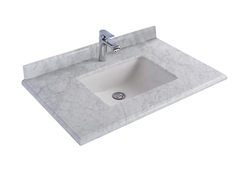 Oakestry Thirty-Six Inch White Carrara Quartz Countertop with Integrated Rectangular Sink and Single Hole Faucet Prep