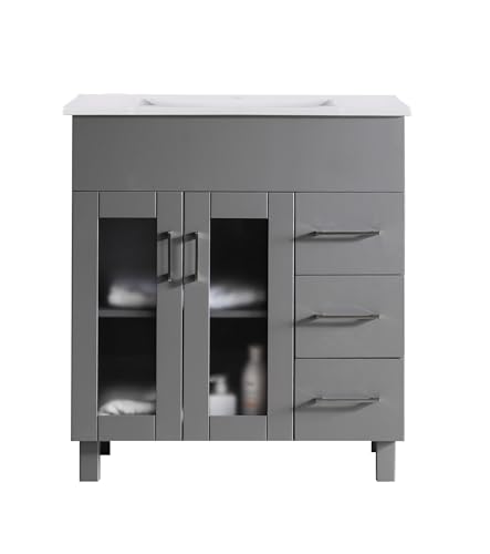 Oakestry Nova 32 Inch Grey Bathroom Vanity White Ceramic Basin Countertop Modern Single Sink Freestanding Storage Soft Close Doors Designer Washroom Cabinet