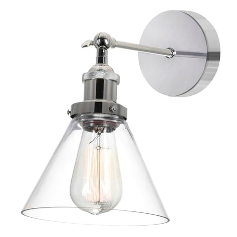 CWI Lighting 7" Polished Nickel Wall Sconce – Modern 1-Light Bathroom or Hallway Fixture with Clear Glass Cone Shade and E26 Bulb Base – LED Compatible