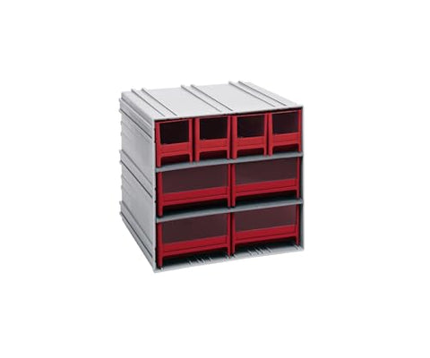 Quantum QIC-4244RD Interlocking Gray Storage Cabinet with 8 Red Drawers, 11.38-Inch by 11-3/4-Inch by 11-Inch