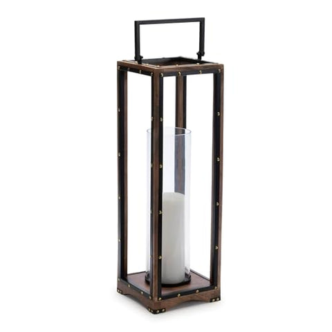 Melrose International Tall Candle Holder - Iron Wood Frame with Glass Hurricane - Home Decor Accent 25" H