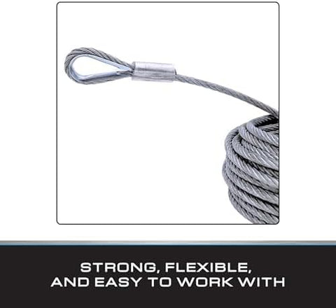 Tie Down 1/8" x 50 ft Galvanized Steel Aircraft Cable – 7x7 Wire Rope with Swagged Loop & Thimble | 1,700 lb Break Strength | Ideal for Hanging, Hoisting, Light Rigging & DIY Projects