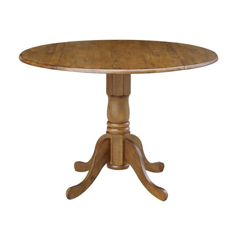 42" Round Dual Drop Leaf Pedestal Dining Table Solid Wood, Easy Assembly, Sturdy Parawood, Kitchen/Dining Room, 29.5"H x 42"W x 42"D, 20mm Thickness Top, Includes Two 9" Drop Leaves
