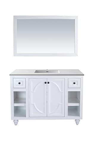 Oakestry Odyssey 48 Inch White Bathroom Vanity Single Sink Matte White Viva Stone Solid Surface Countertop Freestanding Modern Storage Cabinet Soft Close Doors Luxury Washroom Furniture