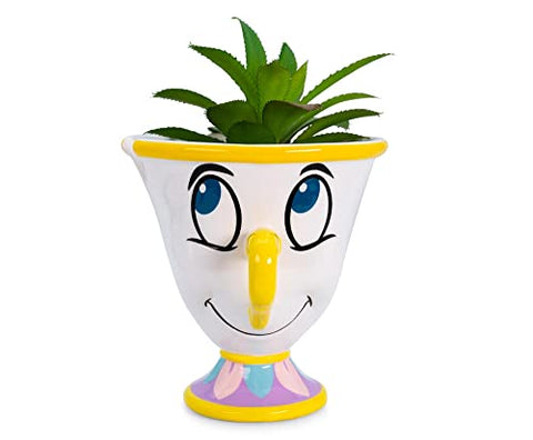 Silver Buffalo Disney Beauty and The Beast Chip 3-Inch Ceramic Mini Planter with Artificial Succulent | Small Flower Pot, Faux Indoor Plants for Desk Shelf, Home Decor Trinket Tray and Collectibles