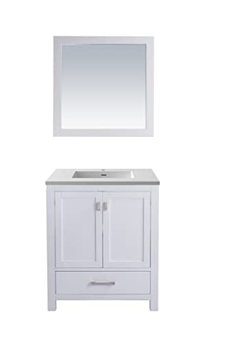 Oakestry Wilson Bathroom Vanity with Solid Surface Countertop, Integrated Sink with Overflow, Solid Oak Wood Cabinet, Soft-Close Doors, 4 Built-in Outlets, White