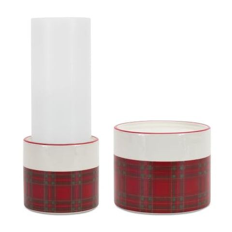 Melrose Plaid Candle Holder, 4-inch and 3-inch Height, Set of 2, Ceramic, Candle Holders for Pillar Candles in Home, Living Room or Table Centrepiece