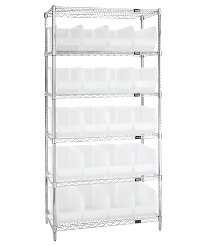 Quantum Storage Systems WR6-265CL 6-Tier Complete Wire Shelving System with 20 QUS265CL Clear-View Hulk Bins, Chrome Finish, 74" Height x 36" Width x 18" Depth