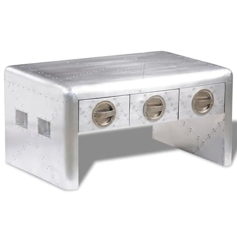 vidaXL Aviator Aluminum Coffee Table with Three Drawers, Vintage Aircraft Airman Style, Solid Wood Frame for Living Room, Silver