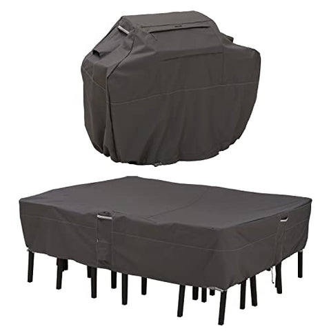 Classic Accessories Ravenna Water-Resistant 58 Inch BBQ Grill Cover and 108 Inch Rectangular/Oval Patio Table & Chair Set Cover Bundle