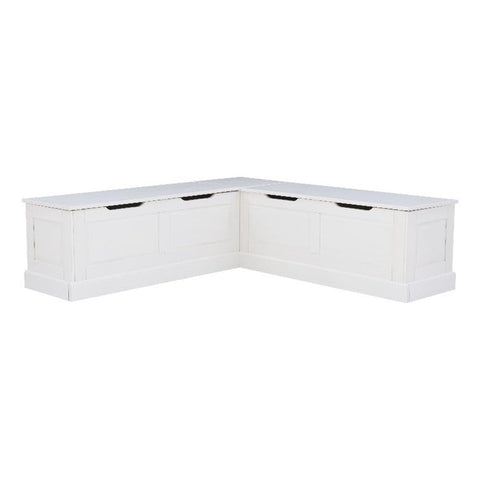 Linon Troyin White Wooden Storage Nook with Black Cushions and Pillows