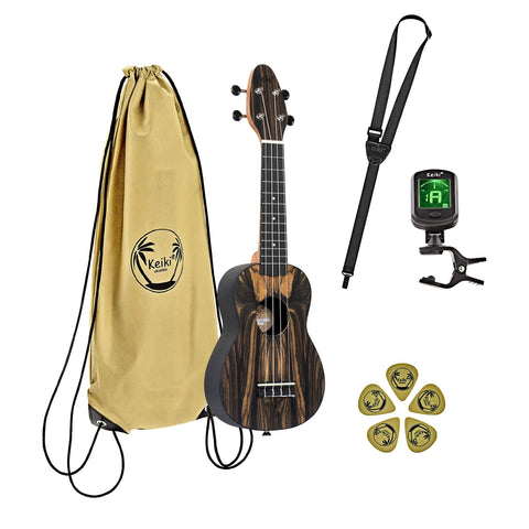Ortega Guitars, 4-String Keiki Exotic Wood Series Soprano Ukulele Pack-Icludes: Tuner, Picks, Strap & Tote Bag, Right, White Ebony, (K3-WEB)