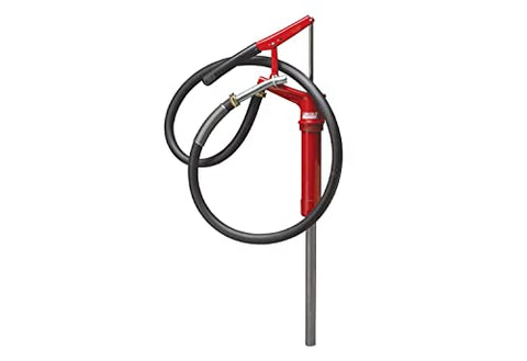 Lincoln 1335 Lever-Action Fluid Transfer Pump, Fits 16- to 55 Gallon Drums, 8.5 Fl. Oz. Per Stroke, 2" Bung, Brass Rings, 6' Removable Hose, Steel Outlet Nozzle, Check Valve, Multi-position Handle