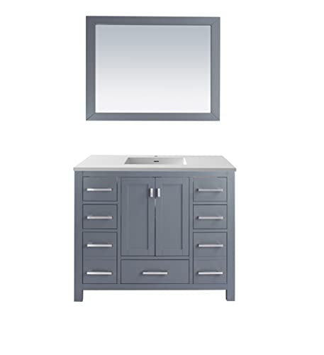 Oakestry Wilson Bathroom Vanity with Solid Surface Countertop & Integrated Sink, Solid Oak Wood Cabinet, Soft Close Doors & Drawers, 4 Outlets, Pre-Assembled, Grey