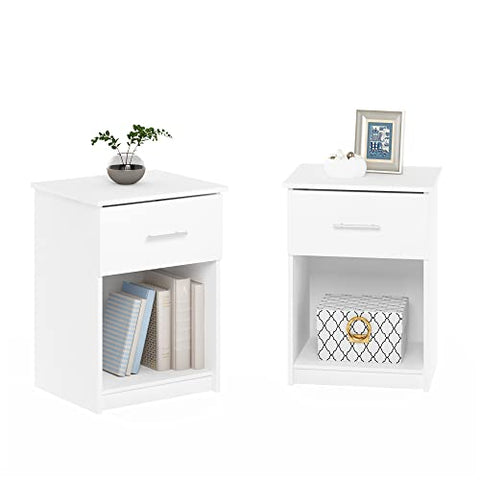 Furinno Tidur Nightstand with Handle with One Drawer Set of 2 Solid White