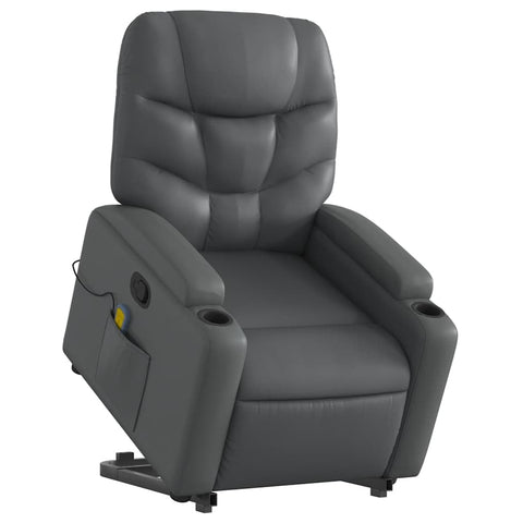 vidaXL Power Lift Massage Recliner Chair - Faux Leather Armchair with Cup Holders, Manual Recline, USB-Powered Vibration, Gray
