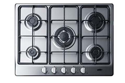 Summit Appliance GC527SSTK30 5-Burner Gas Cooktop in Stainless Steel with Sealed Burners, Cast Iron Grates, Wok Stand, and Stainless Steel Frame to Allow Installation in 30" Wide Counter Openings