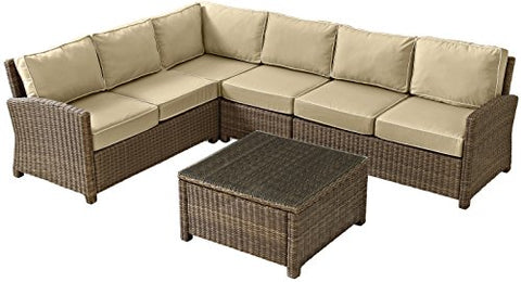 Bradenton 5Pc Wicker Outdoor Sectional Patio Furniture Set Sand/Weathered Brown - Right Side Loveseat, Left Side Loveseat, Corner Chair, Center Chair, & Sectional Glass Top Coffee Table