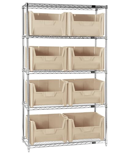 Quantum Storage Systems WR5-700IV 5-Tier Complete Wire Shelving System with 8 QGH700 Giant Stack Bins, Chrome Finish, 18" Width x 42" Length x 74" Height