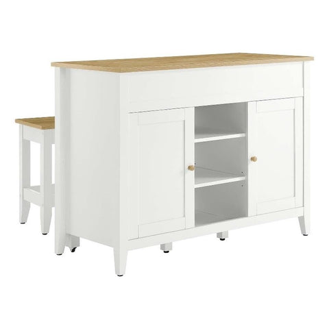 Modway Garland 3-Piece Small Kitchen Island Set with Seating and Pull-Out Table in Oak White - Freestanding Small Space Modern Farmhouse Kitchen Cart with 2 Stools and Kitchen Cabinet Storage