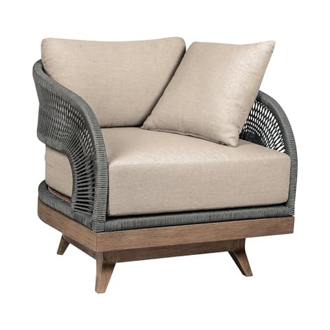 Armen Living Orbit Swivel Outdoor Patio Chair in Weathered Eucalyptus Wood with Gray Rope and Taupe Olefin Cushions