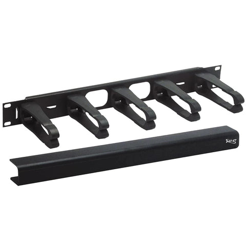 ICC 1U Ring Cable Manager Panel with Cover, Plastic with Metal Back Frame, 4" Cable Distribution D Rings, Horizontal Cable Management, Rackmount for 19” Network Racks, Black, Single Pack