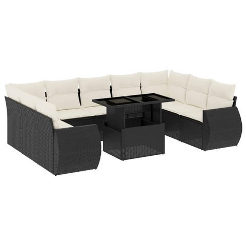 vidaXL Patio Sofa Set with Cushions 10 Piece, Garden Lounge Set, Outdoor Conversation Set, Sectional Sofa for Garden, Modern Style, Black Poly Rattan
