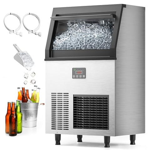 Coolake Commercial Ice Maker Machine 200lbs/24H, Air Cooled Under Counter Ice Maker with 50lbs Ice Storage, Stainless Steel Self Cleaning Freestanding Ice Maker for Home Bar Restaurant Kitchen