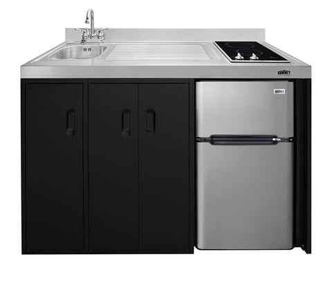 Summit Appliance CK54SINKL 54 Wide All-In-One Kitchenette, Stainless Steel Sink and Faucet, 2-door Refrigerator-freezer, 2-burner Smooth-top Cooktop, Storage Compartments, 115V Operation, Black