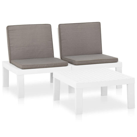 vidaXL 2 Piece Patio Lounge Set in Sleek White Plastic Comprising Bench with Comfortable Cushions and Table, Ideal for Outdoor Spaces