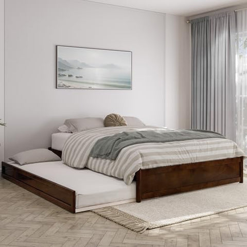 AFI, Barcelona Queen Panel Platform Bed with Twin XL Trundle, Walnut