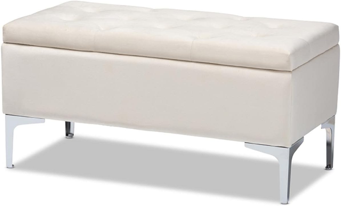 Baxton Studio Mabel Modern and Contemporary Transitional Beige Velvet Fabric Upholstered Silver Finished Storage Ottoman
