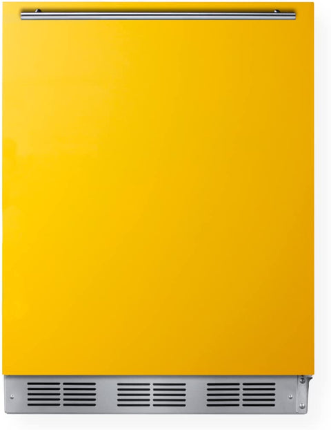 ADA height 24 refrigerator-freezer for residential use with saffron gold door stainless steel handle and white cabinet