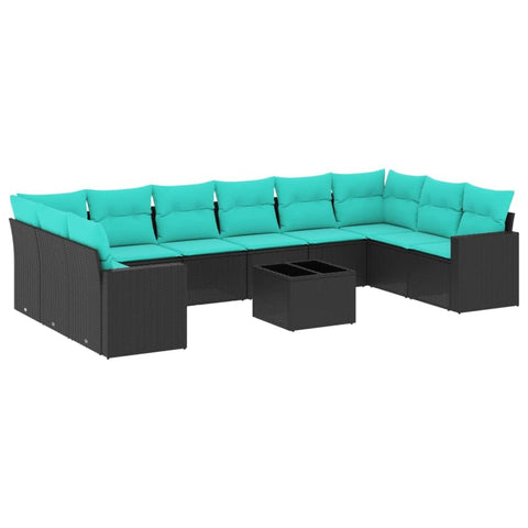 vidaXL 11 Piece Patio Sofa Set with Cushions Black Poly Rattan Acacia, Garden Sofa Set, Garden Lounge Set, Poly Rattan Sofa Set, Outdoor Sofa Set