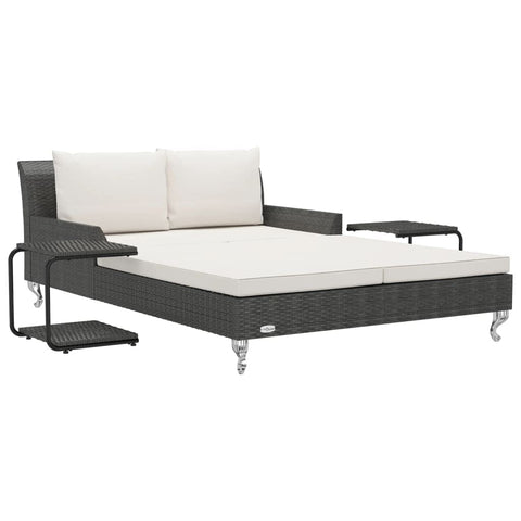vidaXL 2-Person Patio Sun Bed with Side Tables, Ergonomic Outdoor Lounger Ideal for Garden/Patio, Weather-Resistant Poly Rattan with UV Protection, Black Rattan & Cream White Cushion