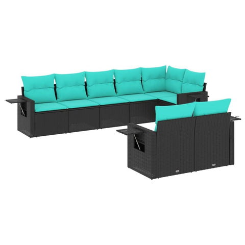 vidaXL Patio Sofa Set 8 Piece with Cushions - Black and Blue Poly Rattan Outdoor Furniture for Garden, Patio, Deck