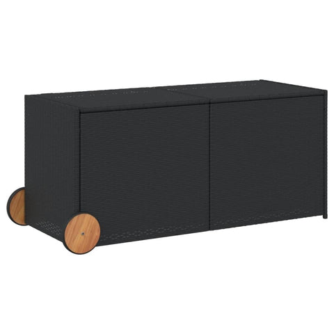 vidaXL Garden Storage Box with Wheels - Black Poly Rattan Outdoor Cushion Chest, 74.8 Gal, Water- and UV-, Easy Transport (50" x 21.7" x 22")