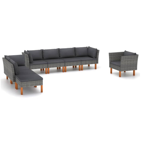 vidaXL Outdoor Lounge Set in Grey - 8 Piece Patio Furniture with Cushions, Footstool, Corner & Middle Sofas - Poly Rattan and Eucalyptus Wood Material