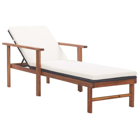 vidaXL Sun Lounger with Cushion, Weather-Resistant PE Rattan and Solid Acacia Wood, Black with Cream Cushions for Garden, Patio, Poolside Lounging