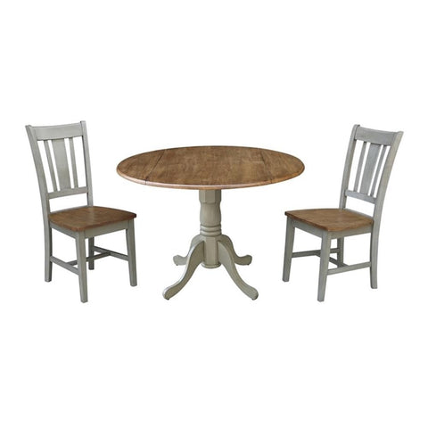 IC INTERNATIONAL CONCEPTS 42" Drop Leaf Solid Wood Distressed Hickory/StoneTable with 2 San Remo Chairs