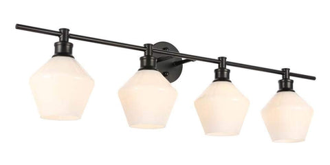 Living District Gene Industrial Mid-Century Modern 4 Light Entryway and Bathroom Wall Sconce in Black and Frosted White Glass