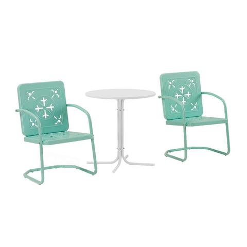 Crosley Furniture Azalea 3-Piece Vintage Outdoor Bistro Set, Retro Metal Patio Table and Chairs, Porch, Balcony, Aqua Gloss/White Satin