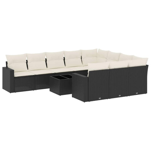 vidaXL Patio Sofa Set with Cushions 11 Piece, Sectional Sofa with Glass Table, Outdoor Conversation Set, Patio Furniture, Black Poly Rattan