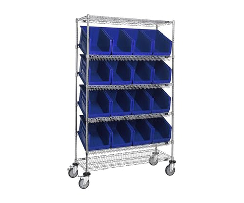 Quantum Storage Systems WRCSL6-74-1848-260BL Wire Slanted Wheels 6 Shelves 16 Ultra Stack & Hang Blue Bins 80" H x 48" W x 18" D