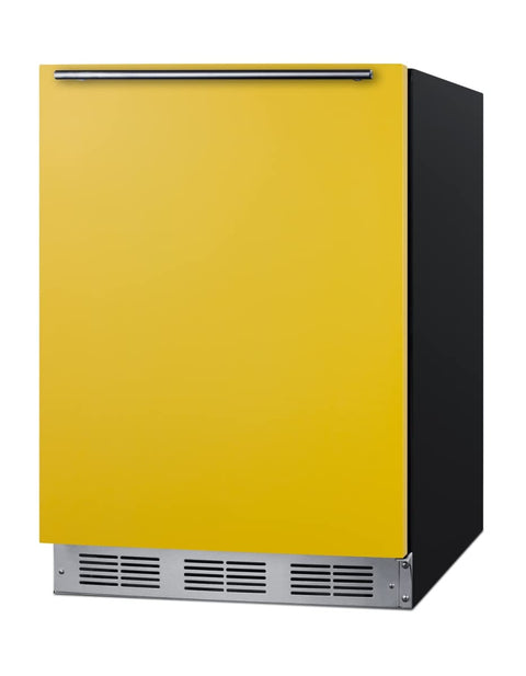 Undercounter 24 all-refrigerator for residential use with saffron gold door stainless steel handle and black cabinet