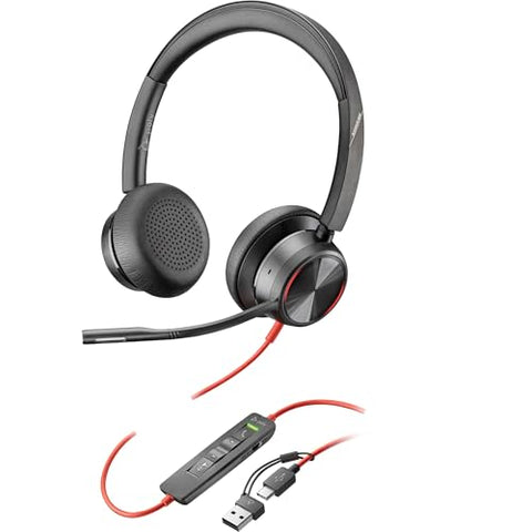 Poly Blackwire 8225 Stereo USB-C Headset +USB-C/A Adapter - Stereo - USB Type C - Wired - 32 Ohm - On-ear - Binaural - Ear-cup - 7.10 ft Cable - Omni-directional Noise Cancelling Microphone - Black